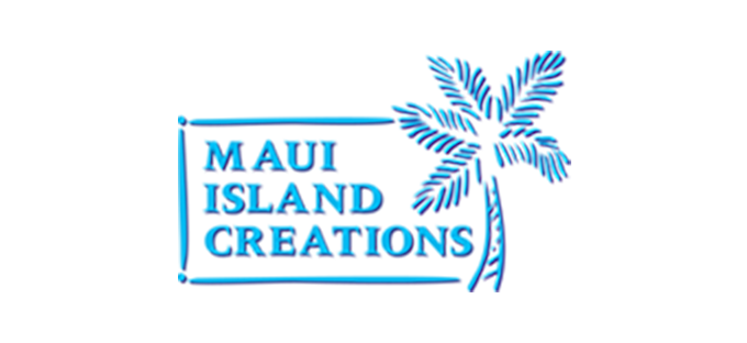 Maui Island Creations logo in blue with a palm tree