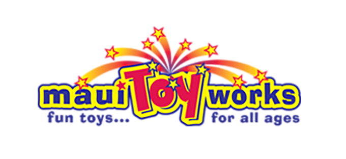 Maui Toy Works logo with red, yellow and blue and stars bursting