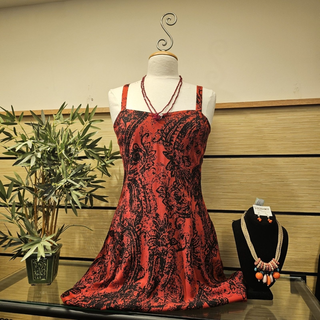red and black small strap dress with necklace sold at Serendipity
