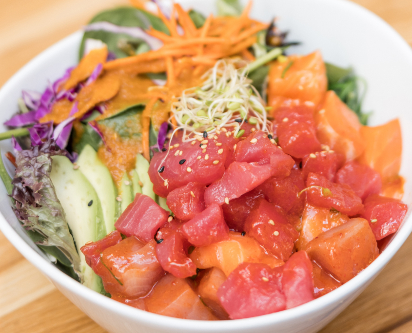 Lahaina Sushi Ko - poke bowl with ahi and salmon, avocado, carrots and greens on the side