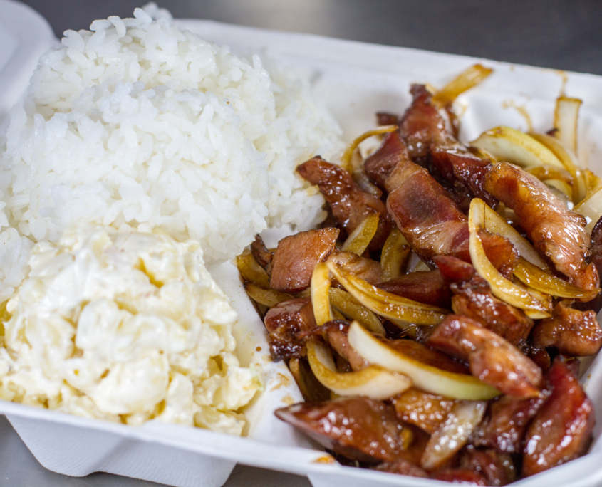 Kalei's Lunchbox - Rice, Mac Salad, Pork and Onions